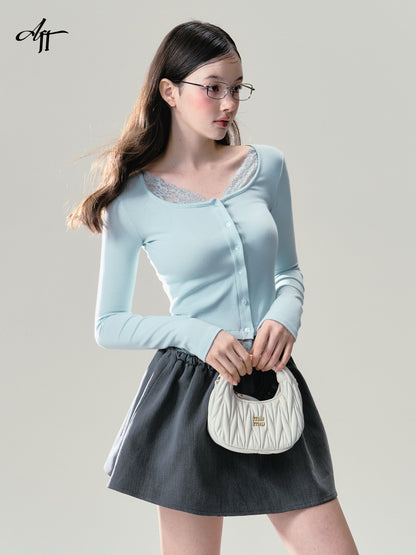 Mint Button Down Lace Trim Cardigan
