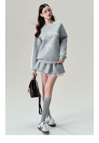 Print Grey Lace Trim Sweatshirt Set-up
