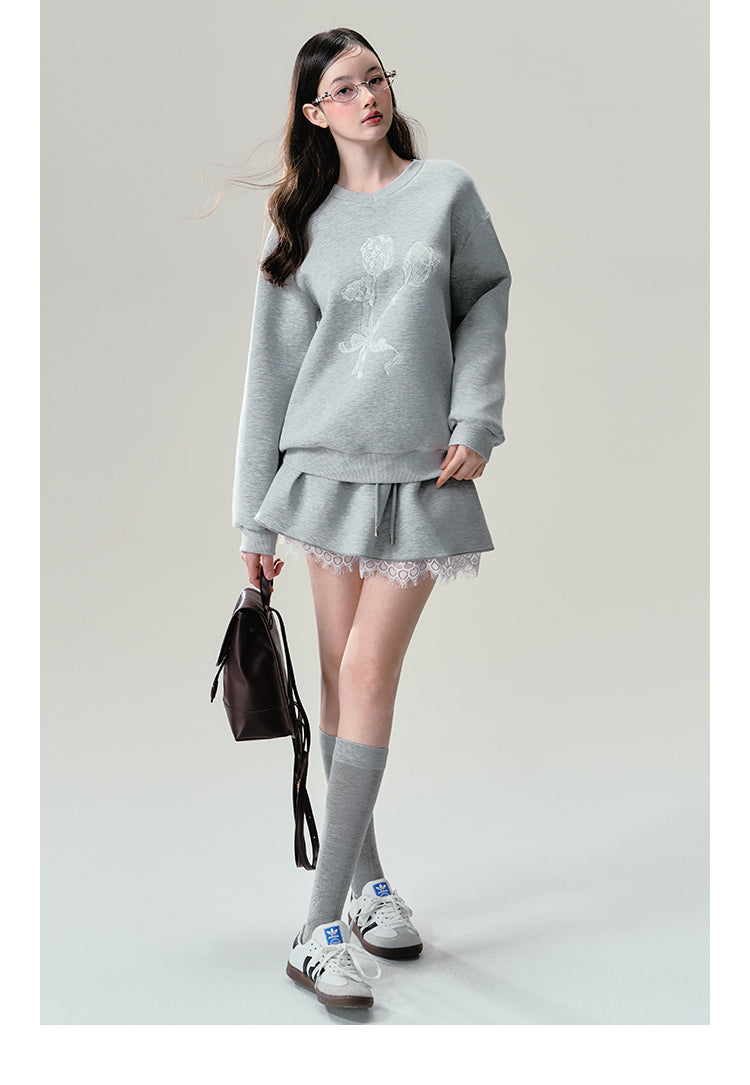Print Grey Lace Trim Sweatshirt Set-up