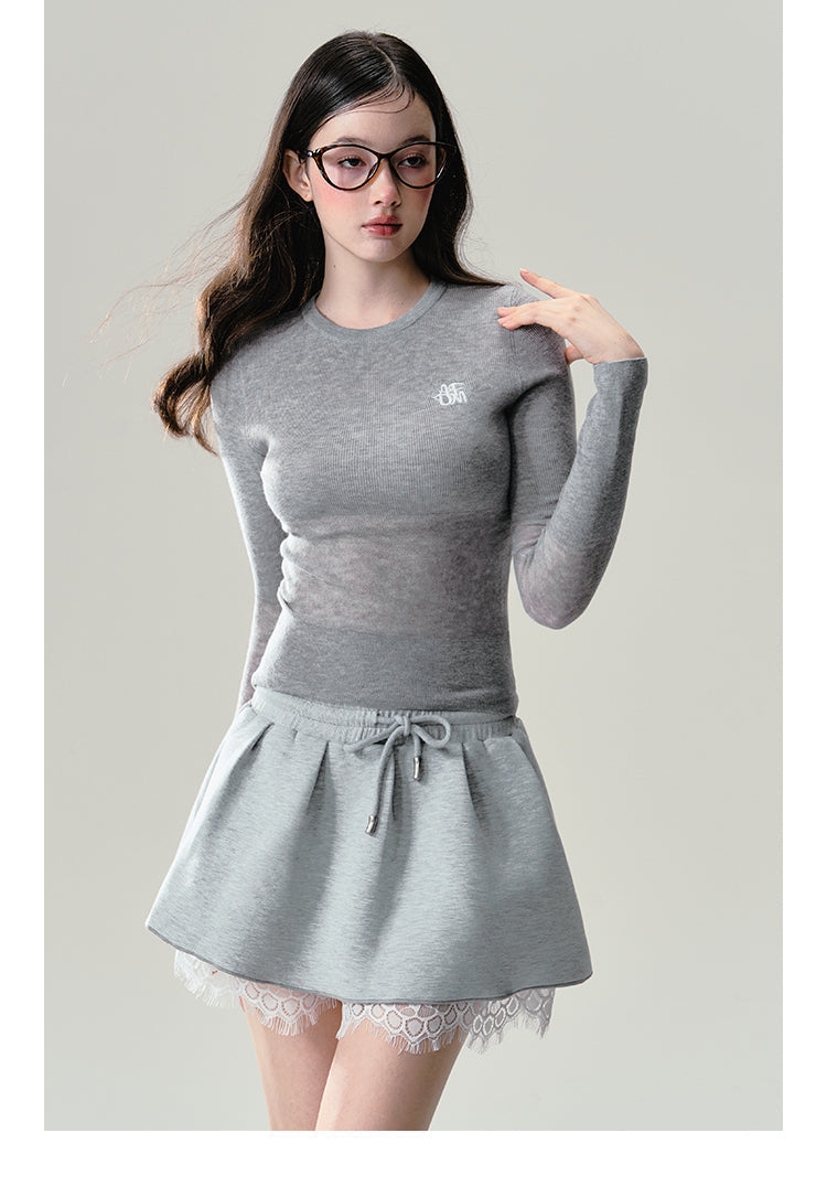 Print Grey Lace Trim Sweatshirt Set-up