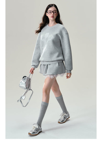 Print Grey Lace Trim Sweatshirt Set-up