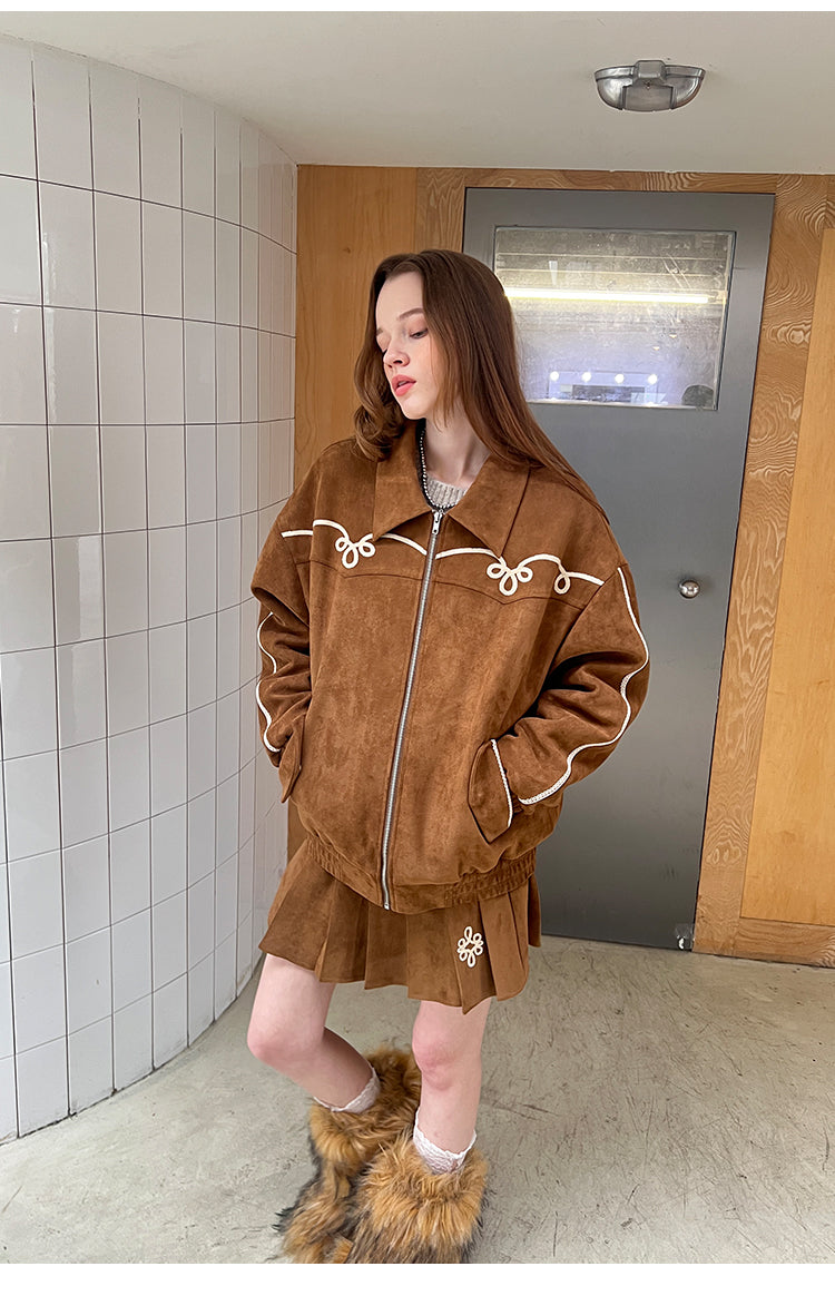 Decorative White Trim Plaid Zip-up Jacket Set Up