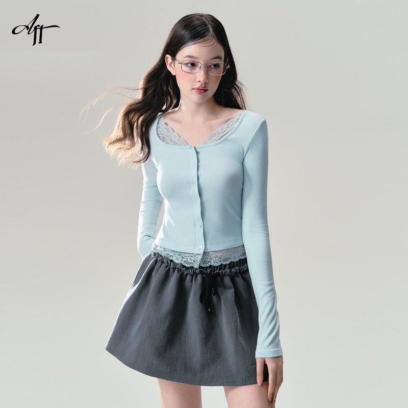 Mint Button Down Lace Trim Cardigan