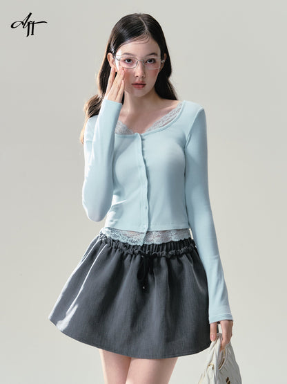 Mint Button Down Lace Trim Cardigan