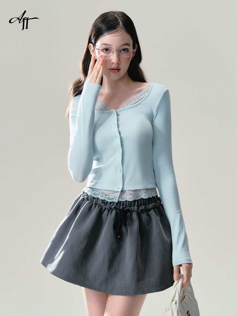 Mint Button Down Lace Trim Cardigan