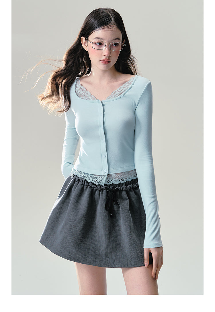 Mint Button Down Lace Trim Cardigan