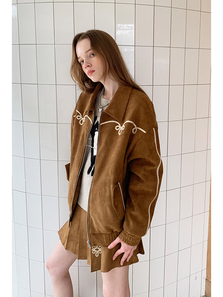 Decorative White Trim Plaid Zip-up Jacket Set Up