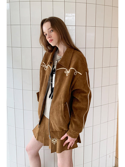 Decorative White Trim Plaid Zip-up Jacket Set Up