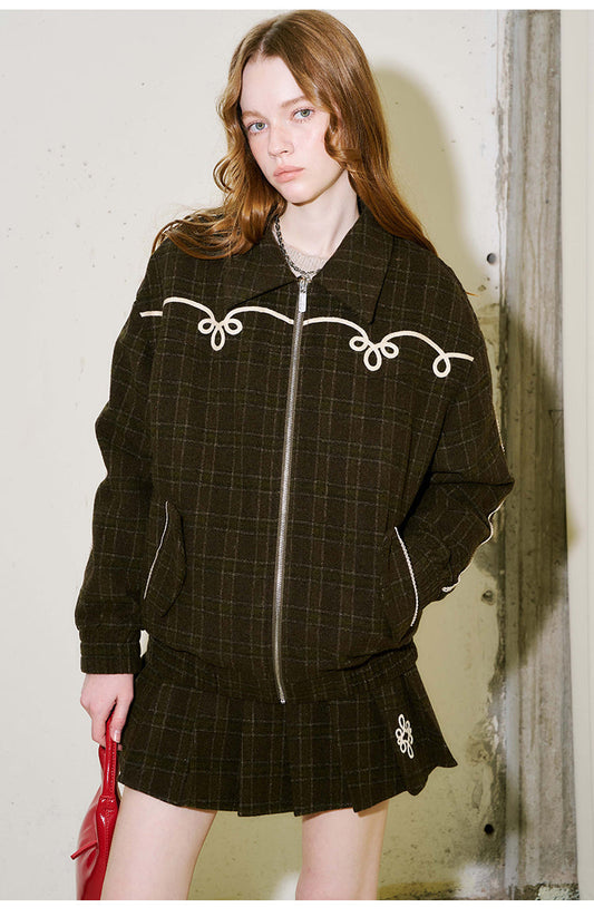 Decorative White Trim Plaid Zip-up Jacket Set Up