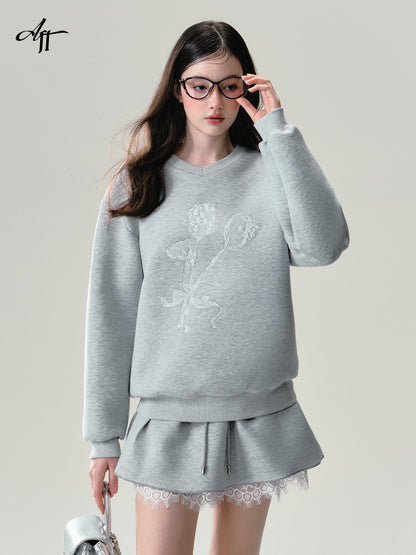 Print Grey Lace Trim Sweatshirt Set-up