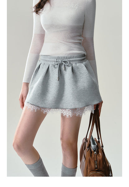 Print Grey Lace Trim Sweatshirt Set-up