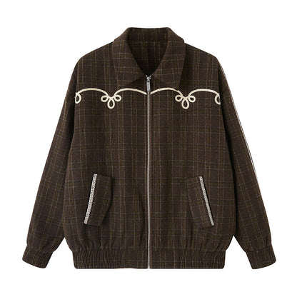 Decorative White Trim Plaid Zip-up Jacket Set Up