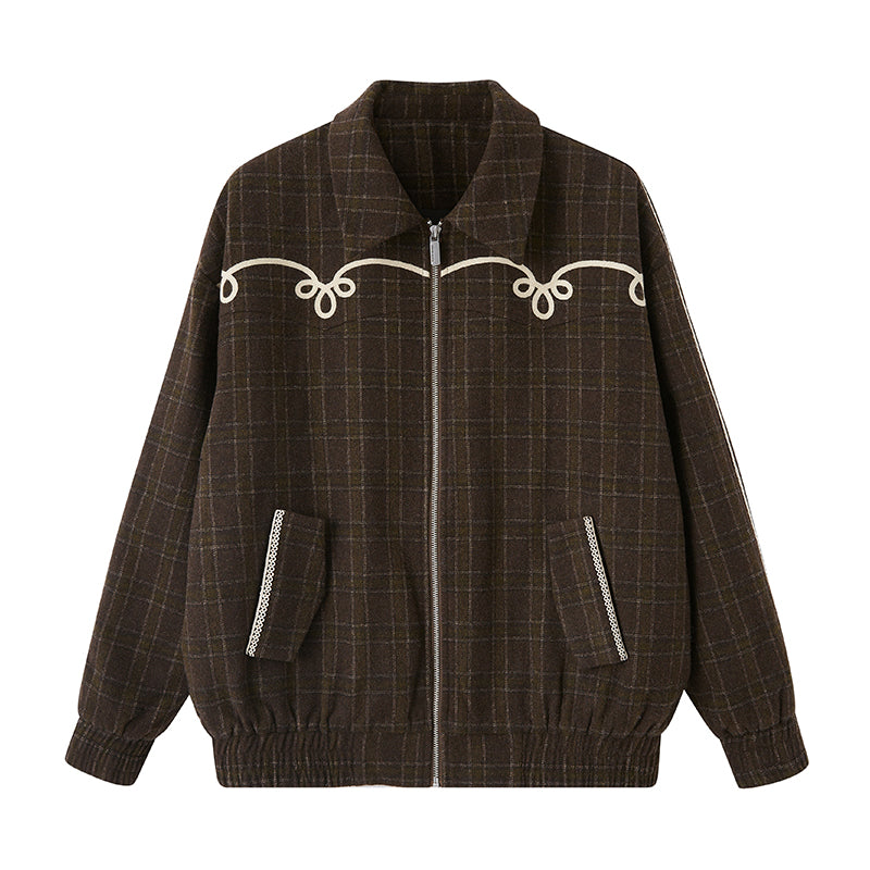 Decorative White Trim Plaid Zip-up Jacket Set Up