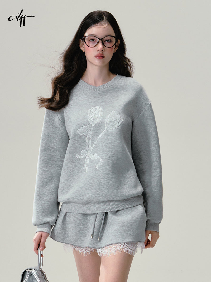 Print Grey Lace Trim Sweatshirt Set-up
