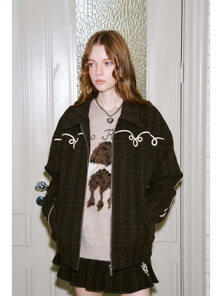 Decorative White Trim Plaid Zip-up Jacket Set Up