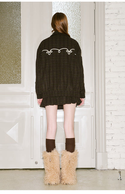 Decorative White Trim Plaid Zip-up Jacket Set Up