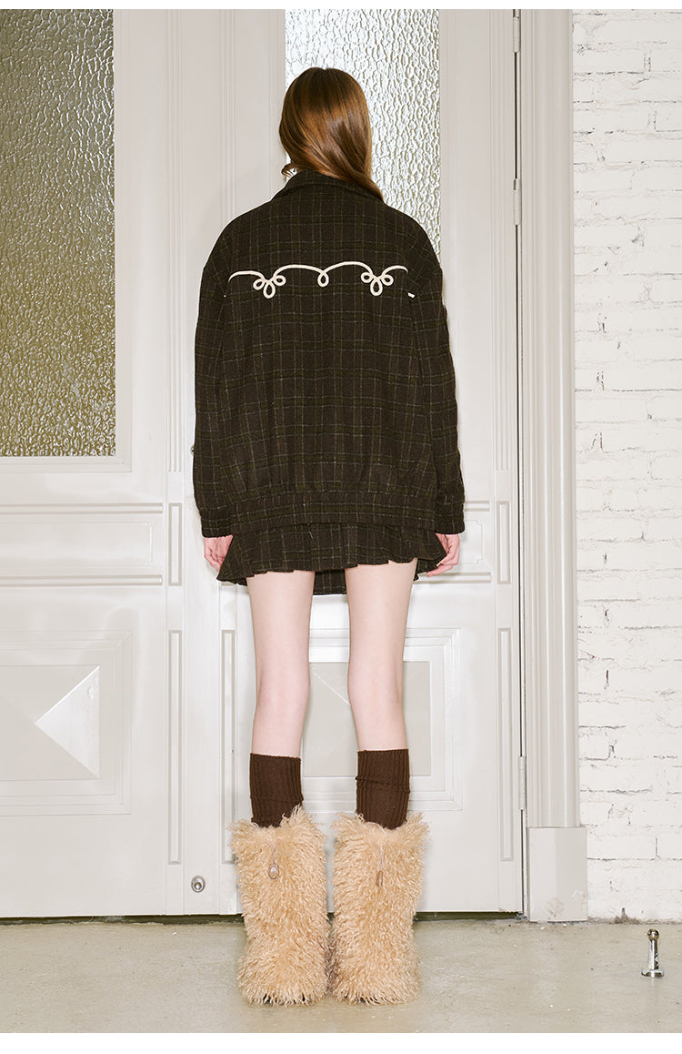 Decorative White Trim Plaid Zip-up Jacket Set Up