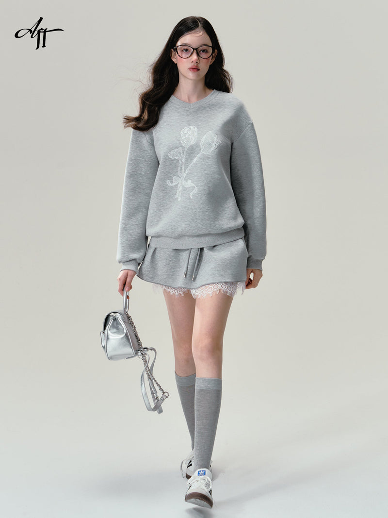 Print Grey Lace Trim Sweatshirt Set-up