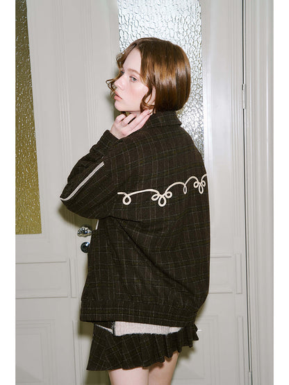 Decorative White Trim Plaid Zip-up Jacket Set Up