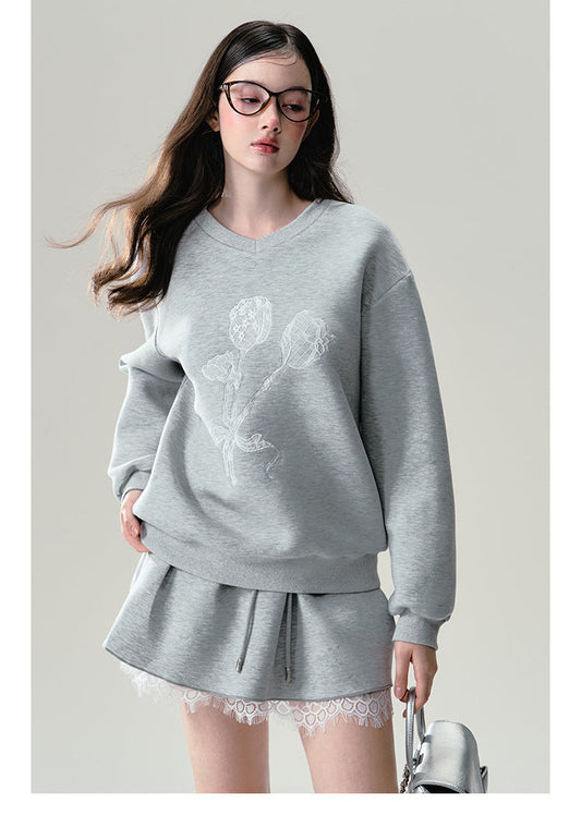 Print Grey Lace Trim Sweatshirt Set-up