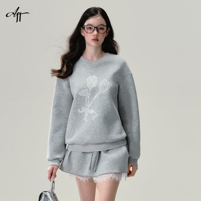 Print Grey Lace Trim Sweatshirt Set-up