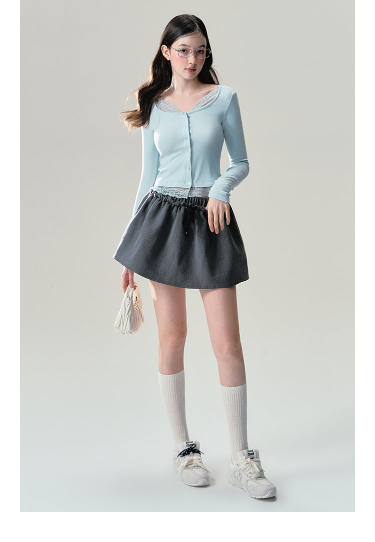 Mint Button Down Lace Trim Cardigan