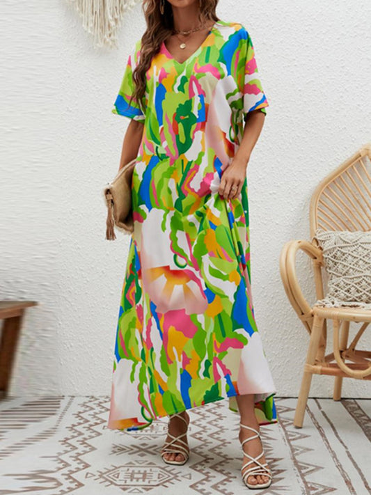 Loose Short Sleeves Contrast Color High-waisted Printed V-neck Maxi Dresses