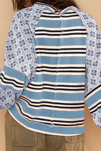 Striped Print Flowers Contrast O Neck Hoodies