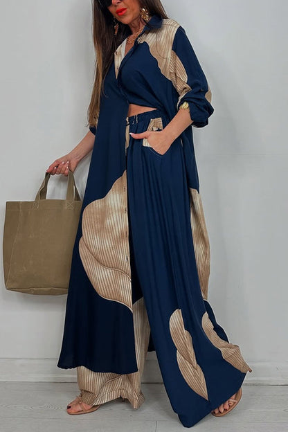 Unique Printed Loose Long Shirt and Elastic Waist Pocket Wide Leg Pants Set