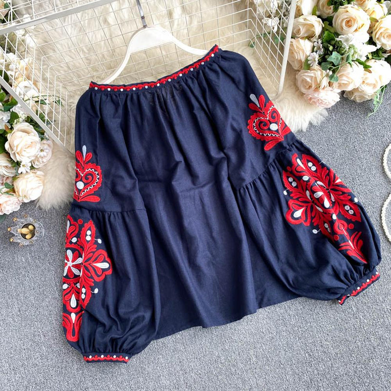 Retro White V-neck Lace-up Tassel Embroidered Lantern Sleeve Blouse