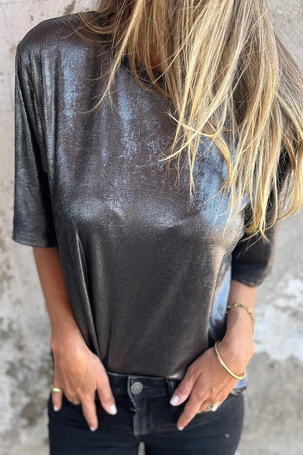 Metallic Color Round Neck Short-sleeved Loose T-shirt