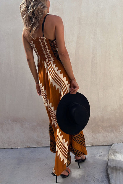 Always Falling Satin Print Smocked Back Midi Dress