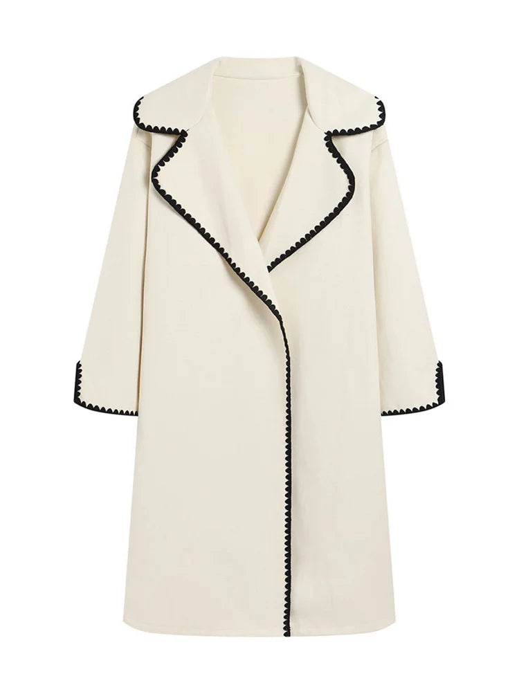 Lapel Contrast Loose Outwear Female Patchwork High Waist Long Sleeve Winter Patchwork Coat