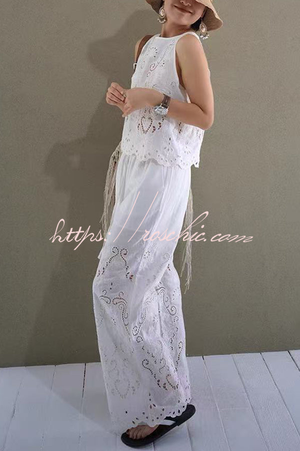 Linen Blend Color Embroidered Hollow Loose Vest and Elastic Waist Pocket Wide Leg Pants Set