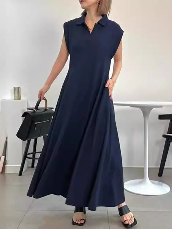 Loose Raglan Sleeve Pleated Color Lapel Maxi Dresses