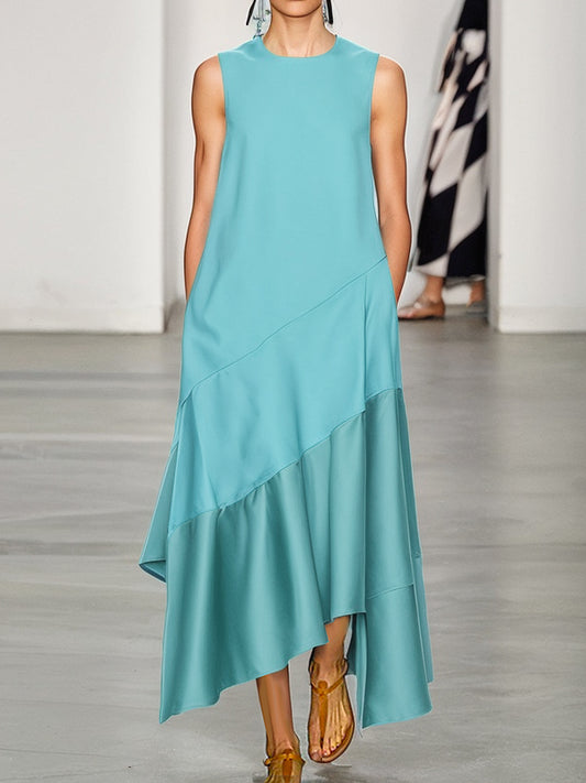 A-line Loose Asymmetric Pockets Ruffled Round-neck Maxi Dresses