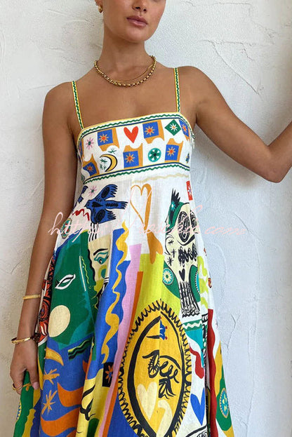 Joyful Glow Goddess Linen Blend Unique Print Pocketed Smocked Back Midi Dress