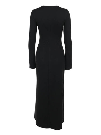 Long Sleeves Loose Asymmetric Color Split-joint Split-side Round-neck Maxi Dresses