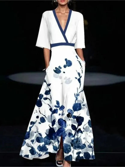 Print Party Long Dresses V-neck Half Sleeves Temperament A-line Evening Dress Female New Commuting Vestido
