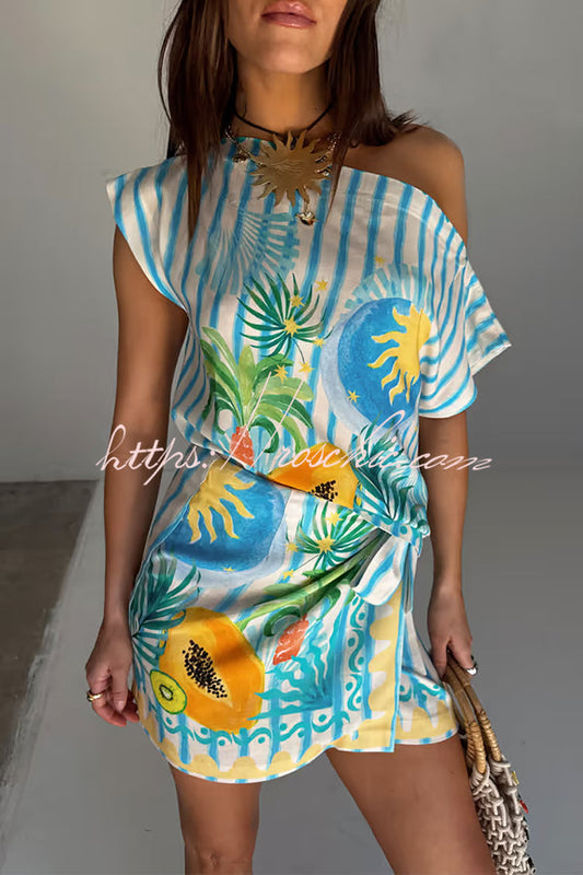 See You in Rio Tropical Fruits Print Wrap Tie-up Mini Skirt