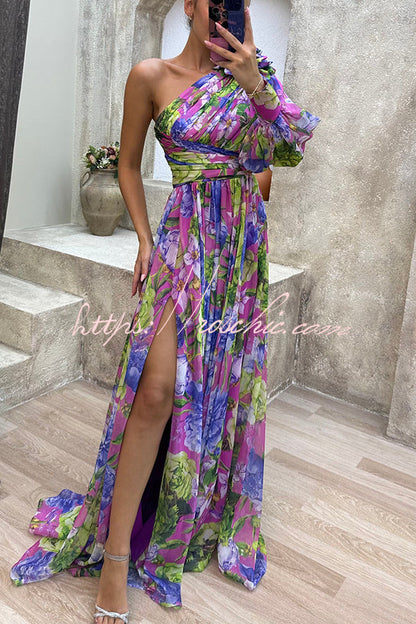 Let's Elope Print Pleated One Shoulder Sleeve Slit Maxi Dress