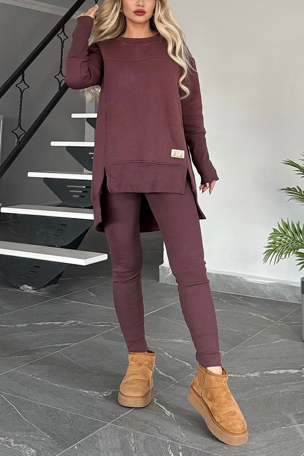 Color Crew Neck Long Sleeve Top and Stretch Pants Set