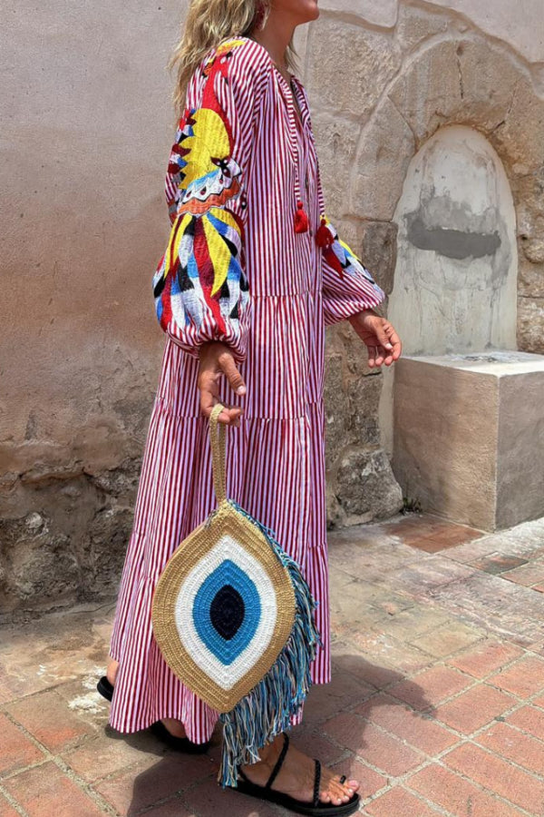 Red and White Striped Print Long Dress