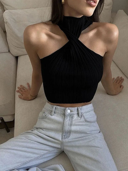 Knit Sweater Pullover Ribbed Twist Off-shoulder Slim Summer Patchwork High Waist Tank Top Knitwear Female Y2k Top