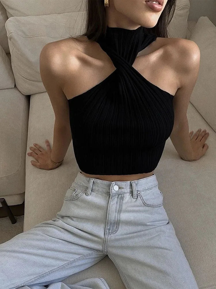 Knit Sweater Pullover Ribbed Twist Off-shoulder Slim Summer Patchwork High Waist Tank Top Knitwear Female Y2k Top