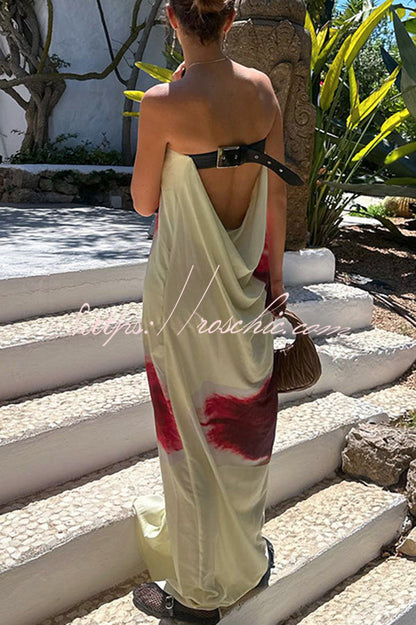 Print Strapless Backless Belt Maxi Dress