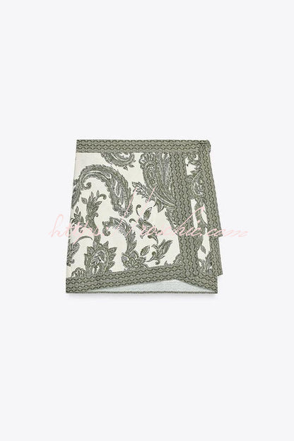 Blend Into Leaves Linen Blend Unique Print Long Sleeve Blouse and Wrap Tie-up Mini Skirt Set