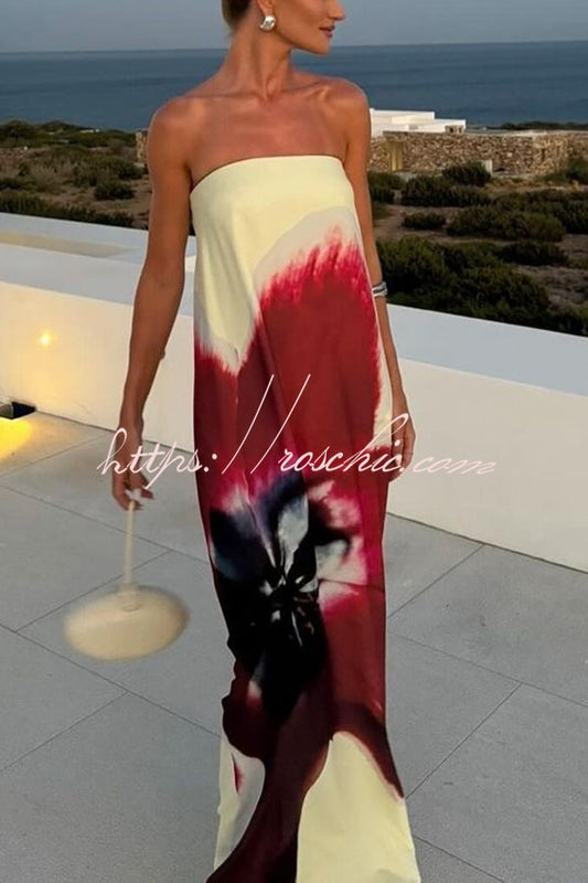 Print Strapless Backless Belt Maxi Dress