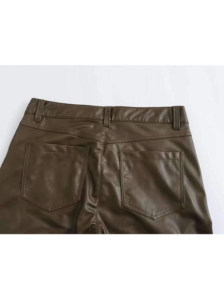 Pu Leather Cargo Olive Green Pants