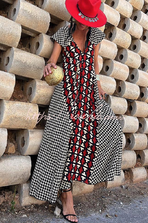 Fresh Breeze Unique Print Ruffle Sleeve A-line Maxi Dress
